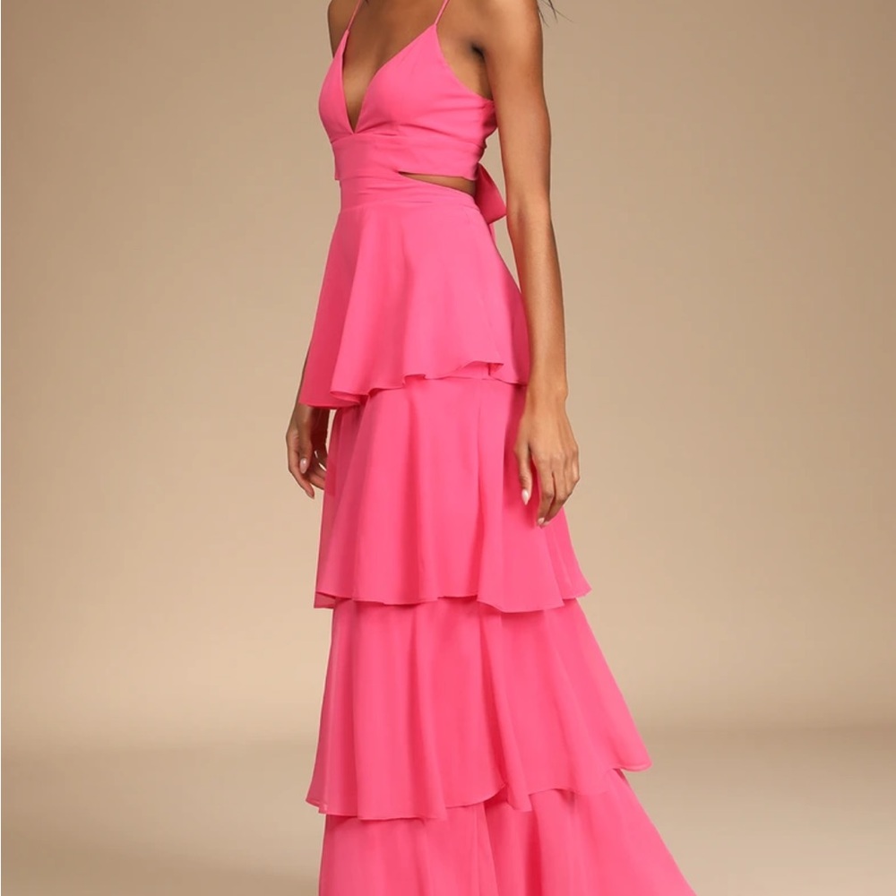 Lulus Tier and Now Hot Pink Tie-Back Tiered Maxi Dress